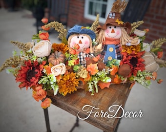 Handcrafted Scarecrow Centerpiece, Autumn Floral Harvest Decor, Thanksgiving Table Arrangement