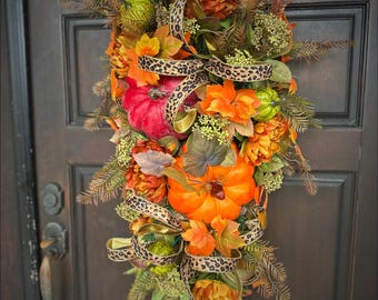 36" Autumn Pumpkin Wreath Swag with Leopard Ribbon, Fall Door Decor