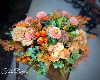 Handcrafted Fall Floral Centerpiece | Pumpkins, Hydrangeas, Dahlias, Autumn Decor