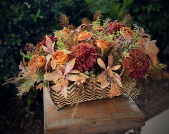 Fall Table Floral Arrangement; rustic dahlias in chevron container