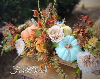 Autumn Table Centerpiece: 36" Floral Pumpkin Arrangement