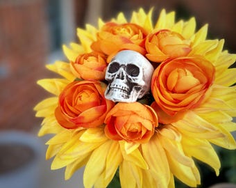 Halloween Sunflower Skull Stem | Gothic Floral Pick, 23" Fall Decor
