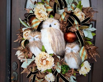 Front door Fall owl wreath; Autumn Woodlands Decor