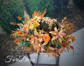 Green Velvet Pumpkin Floral Arrangement | Autumn Sunflower Table Decor, Thanksgiving Centerpiece, Glam Pumpkin Decor
