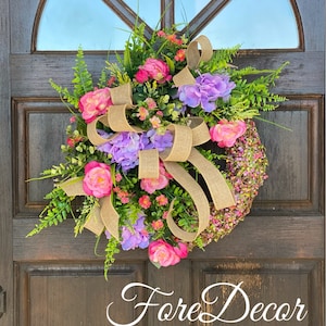 Mothers Day Wreath, Pastel Spring Wreath, Designer Front Door Wreath, Wreath for Front Door by ForeDecor, Purple and Pink Door Wreath