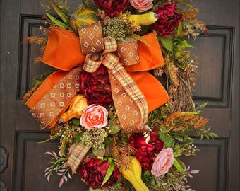 Fall Grapevine Wreath, Burgundy Florals, Pumpkins, Farmhouse Autumn Decor