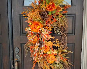 Large Door Fall Pumpkin Grapevine Wreath | Autumn Harvest Door Hanger, Thanksgiving Decor
