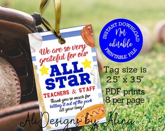 All star teachers and staff, Appreciation tags, Instant download, appreciation week, PTA PTO, Our teachers are a home run, Baseball inspired
