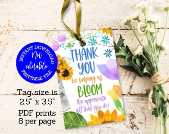 Thank you for helping us bloom, printable tags for flowers, Flowers for teacher, PTA PTO gifts, Teacher week gift tag, Helping us grow tag