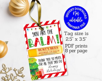Op de afbeelding: Een printbaar cadeaulabel met een rood-witte gestreepte rand, met de tekst "YOU ARE THE BALM!" en een Burt's Bees lippenbalsem. Het label bevat de boodschap "THANK YOU SO MUCH. FOR ALL THAT YOU DO Happy Holidays!"