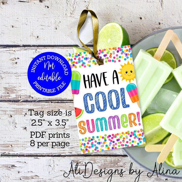 Have a cool summer, PRINTABLE favor tags, Summer break gift tag, End of School year, PTA PTO tags, Treat Tag Favor Label, Ice Pop gift tag