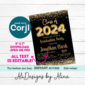 Invito per la laurea in nero e oro, modello EDITABLE, invito per laureati universitari, annuncio stampabile, classe del 2024, invito digitale