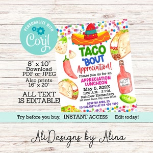 Taco fiesta invitation appreciation Luncheon flyer EDITABLE template, Teacher Staff appreciation week, Employee thank you Nurse appreciation