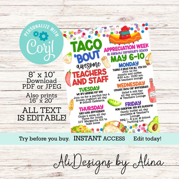 Fiesta theme Teacher appreciation week calendar, EDITABLE Itinerary of events, Tacobout appreciation, Weekly events, Nacho average staff