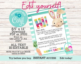 Personalisierter Brief von Osterhase EDITIERBARE Vorlage Ostern Korb Brief für Kinder, Ostern Schnitzeljagd Ostermorgen Überraschung für Kind