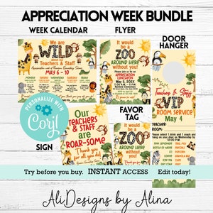 Safari Teacher appreciation week calendar Zoo without you EDITABLE bundle, room Service form, Luncheon invite PTA PTO event, Decoration Sign