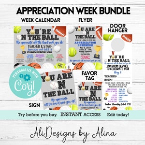 Sports Teacher Appreciation week BUNDLE calendar of events, Luncheon invite, Room Service form, gift tag, Teacher lounge sign, All star team