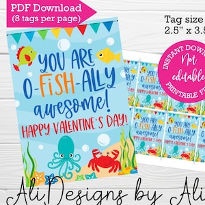 oFISHally awesome Valentine&#39;s day tags, gummy fish candy, fish crackers, tag for snacks, Classroom Valentine, Treats for friends, PTA PTO