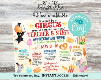Circus Teacher appreciation calendar, itinerary of events, EDITABLE template, Nurse appreciation, PTA PTO, Carnival Show, Staff appreciation