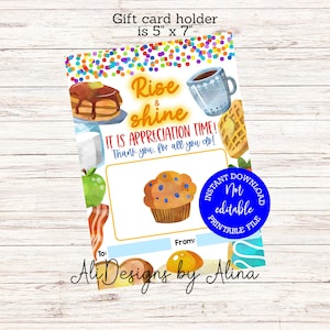 AFDRUKBARE cadeaukaarthouder, Rise and shine, het is tijd voor waardering, Teacher Week, Breakfast on us, Nurses Day, Medewerker Vrijwilliger, Pannenkoeken