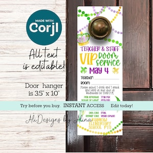 Mardi gras theme Room Service form, Teacher Staff appreciation week, EDITABLE Room service door hanger, PTA PTO event, Sunshine cart menu