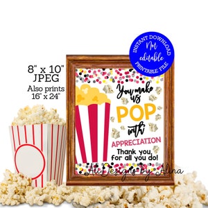 Tabliczka z napisem „PrINTABLE bar popcorn”, Tydzień nauczyciela, Wyrazy uznania dla pielęgniarki, Dziękuję za wszystko, co robisz, wózek Sunshine, Pokój nauczycielski, przekąski w pokoju socjalnym