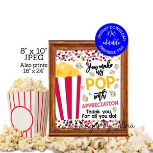 Popcorn bar PRINTABLE sign, Teacher week, Nurse Appreciation, Thank you for all you do, sunshine cart, Teacher lounge, break room snacks