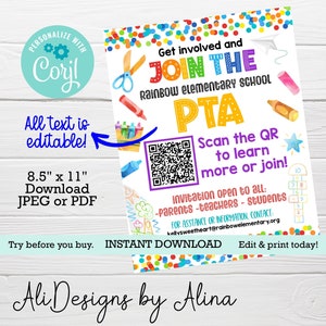 Join the PTA PTO Recruitment flyer with QR Code, Volunteer handout, School fundraiser poster We need you Volunteer recruitment President mom