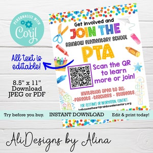 Peut inclure: Une affiche imprimable colorée pour l'Association des parents d'élèves (PTA) de l'école élémentaire Rainbow. L'affiche présente un code QR, le texte "Get involved and join the Rainbow Elementary School PTA", et le texte "Scan the QR to learn more or join!"