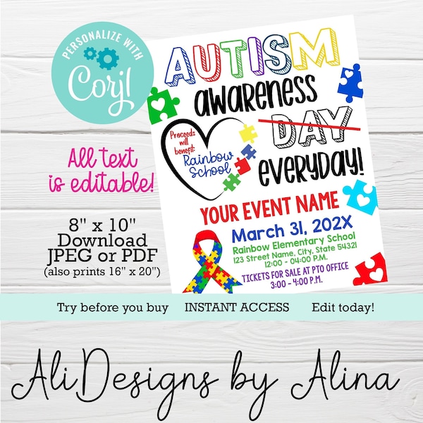 Autism awareness flyer, EDITABLE template, autism month, fundraiser poster, school PTA PTO, community benefit, family day, health kids