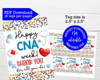 Happy CNA week tag, PRINTABLE favor tags, Instant download, Thank you for all you do, Nurse appreciation, Certified Nursing Assistant Week