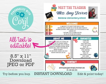May include: Printable 8.5 x 11 inch teacher meet and greet template with a colorful design. The template includes a photo of the teacher, a welcome message, about me section, favorites, and contact information. The text is editable.  Download JPEG or PDF.