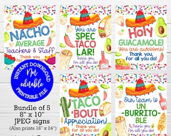 Appreciation signs bundle, Teacher week, Holy Guacamole, Nacho average, TACObout, Burrito, You are specTACOlar, Mexican inspired signs