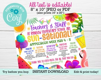 May include: A colorful printable poster for Teacher Appreciation Week with a tropical theme. The poster features a pink flamingo, a beach umbrella, and a variety of tropical fruits and flowers. The text on the poster reads "Teachers & Staff at Rainbow Elementary School are Sun-sational! Appreciation Week May 4-8".