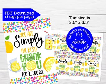 You are simply the best, Lemonade tag, INSTANT download TAGS, Teacher and staff appreciation week, Nurses day, Employee Volunteer, thank you
