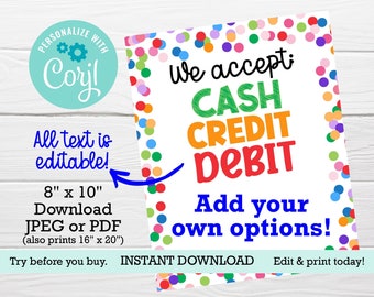 Nous acceptons les cartes de crédit et de débit en espèces EDITABLE, stand de collecte de fonds, impression d'événement PTA PTO, vente de biscuits pour fille, options de paiement, enseigne d'application de paiement