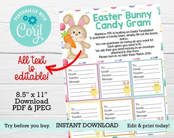 May include: Printable Easter Bunny Candy Gram fundraising form with a cute bunny illustration. The form includes spaces to fill in the recipient's name, grade, teacher, and a message. The text "Rainbow PTO is hosting an Easter Fundraiser!" is at the top of the form.