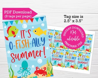 It's o-fish-ally summer, PRINTABLE tags, Instant download, PTA PTO, Summer tags, fish crackers, Last day of School, End of school year tag