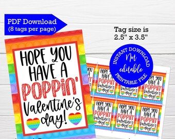 Puede incluir: Etiquetas imprimibles para el Día de San Valentín con un diseño de arcoíris y el texto "¡Espero que tengas un Día de San Valentín genial!" Las etiquetas miden 2,5 pulgadas por 3,5 pulgadas.