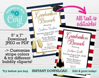 Brunch and Bubbly Graduation Invitation, Editable Template (Digital Download)