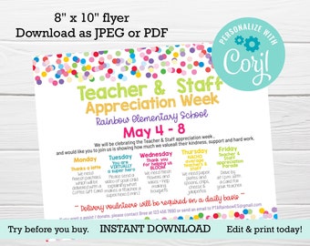 Teacher Staff appreciation week Flyer, itinerary of events, Teacher week, EDITABLE template, Nurse appreciation, Spirit week flyer, PTA PTO