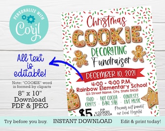 Christmas cookie decorating fundraiser, PRINTABLE flyer, Bake Sale, Christmas cookies, Church event, PTA PTO fundraising, Holiday market