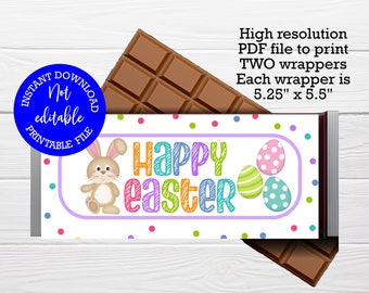 May include: Printable Easter chocolate bar wrapper featuring a cartoon bunny, colorful eggs, and the text "Happy Easter". The wrapper is 5.25 inches by 5.5 inches.