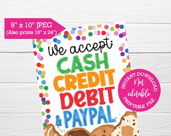 Cookie Booth Payment Sign, Cash Credit PayPal, Printable Decoration (Digital Download)
