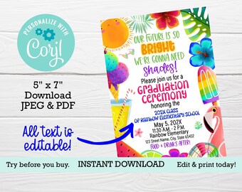 Graduation ceremony invitation, Kindergarten Preschool, EDITABLE template, DIGITAL DOWNLOAD, Class of 2024, Future is so Bright, tropical