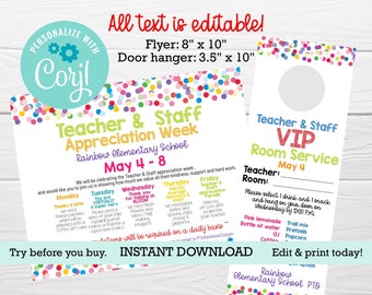 Teacher & Staff appreciation week Flyer and door hanger, PRINTABLE itinerary of events, VIP room service menu, EDITABLE Bundle