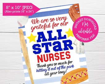 Nurse appreciation sign, INSTANT download sign, All star nurses and staff, PRINTABLE sign, Sports Inspired, Snack table sign, Baseball