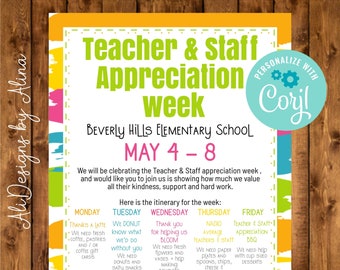 Teacher & Staff appreciation week flyer, printable take home flyer, Appreciation week calendar, PTA PTO newsletters, DIGITAL download