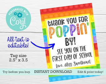 Thank you for poppin by EDITABLE tags, PTA PTO event, Back to school, Open house tags, Pop fidget toy, Gift from teacher, Welcome back tag