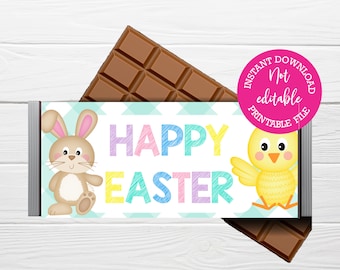 May include: Printable chocolate bar wrapper with a bunny and chick illustration. The wrapper has a blue and white checkered background and says "Happy Easter" in colorful letters.